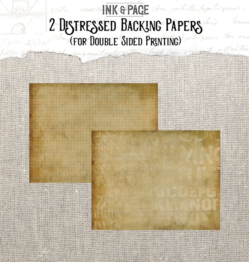 Op de afbeelding: Twee verweerde achtergrondpapieren voor dubbelzijdig printen. Het ene papier heeft een rasterpatroon en het andere een vervaagd tekstpatroon.