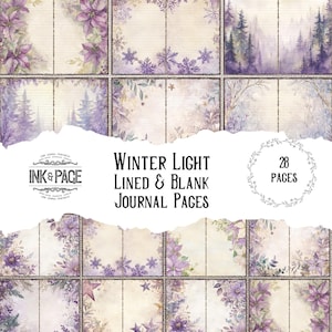 Winter Light Lined & Blank Junk Journal Pages Grungy Snowflake Page Poinsettia Bullet Journal Digital Download Purple Gold Cream December