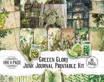 Green Glory Junk Journal Printable Ephemera Rainbow Vintage Digital Paper Pack Shabby Lime Mixed Media Spring Leaves Nature Scrapbook Pages