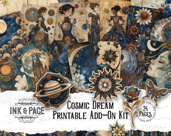 Puede incluir: Un kit digital imprimible con 24 páginas de diseños con temática celestial. El kit presenta una combinación de colores azul y dorado con estrellas, lunas, planetas y otros elementos celestiales. El texto "Cosmic Dream Printable Add-On Kit" está incluido en la imagen.