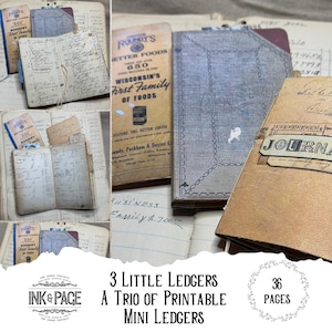 以下が含まれることがあります： 手書きの記入と古紙が特徴の、3つのヴィンテージミニ台帳のコレクション。1つの台帳には「Roundy's Better Foods」のラベルが付いています。画像には「3 Little Ledgers, A Trio of Printable Mini Ledgers, 36 Pages」と書かれたテキストが含まれています。