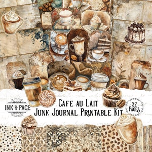 Cafe Au Lait Junk Journal Kit imprimible Coffee Beans Shop Descarga digital Neutral Ephemera Vintage Acuarela Scrapbook Pastel de papel manchado
