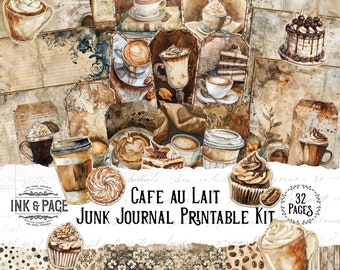 Peut inclure: Un kit de journal de rebut imprimable sur le thème du café. Le kit comprend 32 pages d'images représentant des tasses de café, des pâtisseries et d'autres articles liés au café. Le kit est intitulé "Cafe au Lait Junk Journal Printable Kit".
