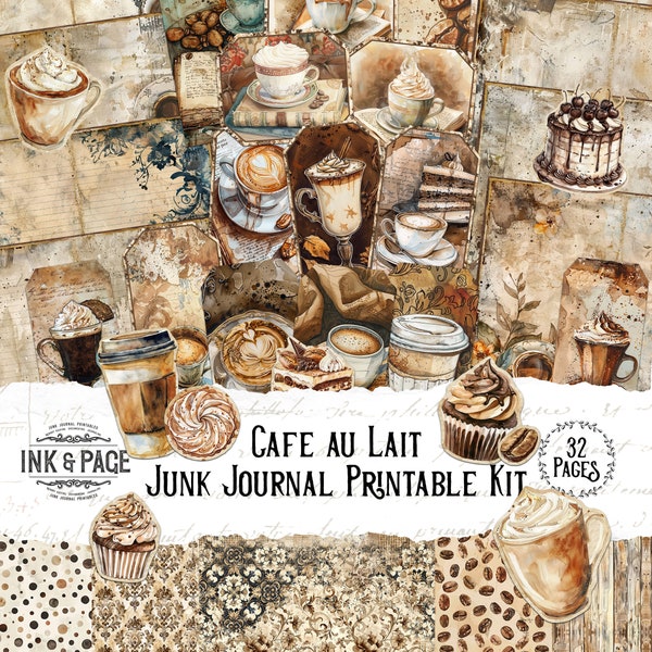 Cafe Au Lait Junk Journal Printable Kit Coffee Beans Shop Digital Download Neutral Ephemera Vintage Watercolor Scrapbook Stained Paper Cake