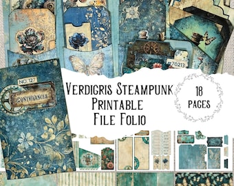 Grünspan Steampunk Druckbares Folio Kupfer Patina Junk Journal Ordner Labor Digitaler Download