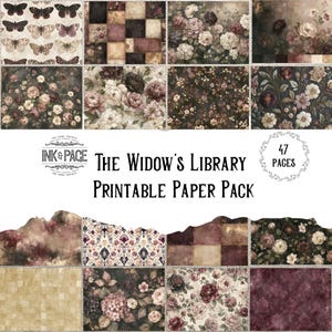 Puede incluir: Un paquete de papel imprimible digital titulado The Widow's Library que contiene 47 páginas de diseños que incluyen mariposas, patrones florales, rosas oscuras y cuadrados geométricos en tonos apagados de burdeos, crema, marrón y gris oscuro.