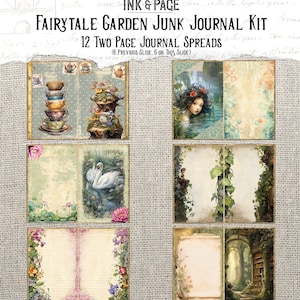以下が含まれることがあります： 「Fairytale Garden」というタイトルのデジタルジャンクジャーナルキット。12の2ページ見開きが含まれています。ティーカップ、白鳥、人魚、花の要素の気まぐれなイラストが特徴です。このキットには、ヴィンテージ感のある罫線入りと白紙のページが含まれています。
