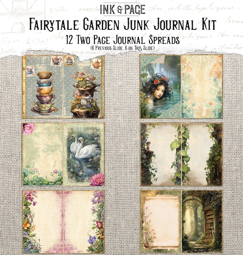 以下が含まれることがあります： 「Fairytale Garden」というタイトルのデジタルジャンクジャーナルキット。12の2ページ見開きが含まれています。ティーカップ、白鳥、人魚、花の要素の気まぐれなイラストが特徴です。このキットには、ヴィンテージ感のある罫線入りと白紙のページが含まれています。