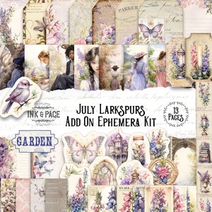 Julio Larkspurs imprimible Ephemera basura diario bolsillos jardín Vintage descarga Digital cortes quisquillosos entradas verano flores Shabby Chic Cottage