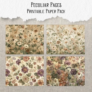 May include: A set of four rectangular printable paper sheets featuring botanical illustrations of various flowers and foliage in muted earth tones, cream, and purple hues, with the text Peculiar Pages Printable Paper Pack at the top.