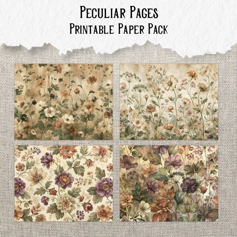 May include: A set of four rectangular printable paper sheets featuring botanical illustrations of various flowers and foliage in muted earth tones, cream, and purple hues, with the text Peculiar Pages Printable Paper Pack at the top.
