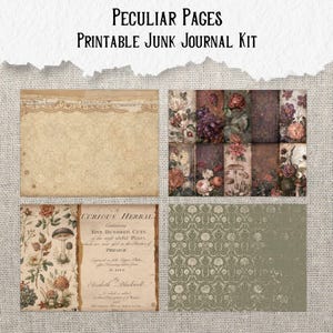 Op de afbeelding: Peculiar Pages printbare junk journal kit met vier verschillende vellen. De ontwerpen bevatten een beige achtergrond met kantpatroon, een raster van donkere bloemen- en paddenstoelillustraties, een botanische pagina met de tekst A Curious Herbal en een groen damastpatroon.