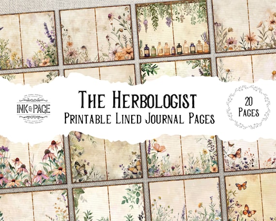 The Herbologist Printable Lined Page Junk Journal Digital Download Apothecary Scrapbook Paper Green Witch Vintage Naturalist Bullet Journal