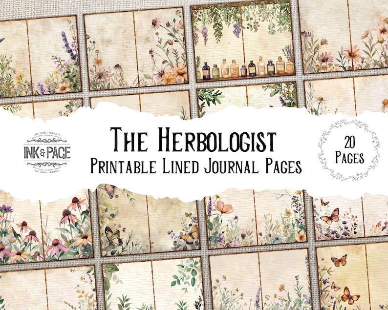 May include: Printable journal pages with a botanical theme. The pages feature a variety of flowers, butterflies, and herbs, with a vintage aesthetic. The text "The Herbalist Printable Lined Journal Pages" and "20 Pages" is included in the image.