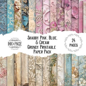 Paquete de papel para diario basura imprimible en tonos rosa, azul y crema desgastados, páginas para álbumes de recortes digitales con fondo pastel grunge, papel artesanal con fondo vintage desgastado