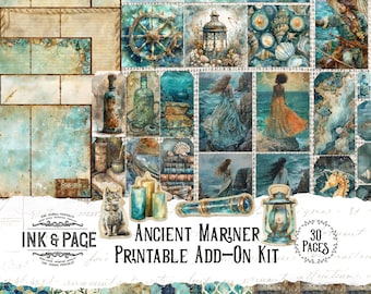 Ancient Mariner Printable Ephemera Junk Journal Ocean Pocket Sailing Ship Tag Treasure Envelope Under the Sea Lined Paper Nautical ATC Card