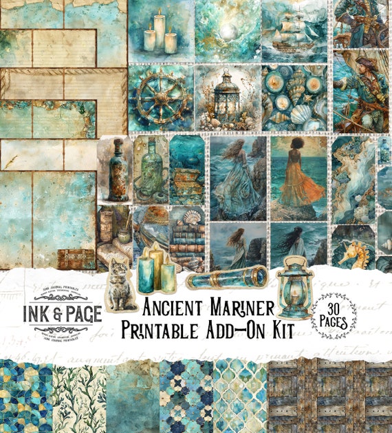 Ancient Mariner Printable Ephemera Junk Journal Ocean Pocket Sailing Ship Tag Treasure Envelope Under the Sea Lined Paper Nautical ATC Card