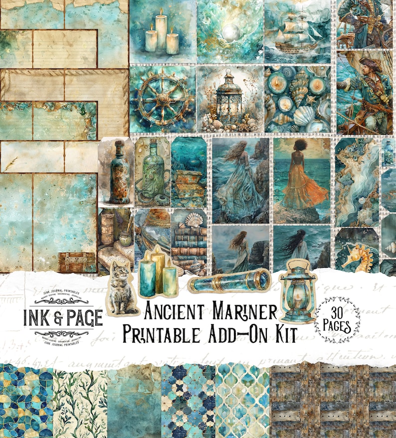 Puede incluir: Un kit digital imprimible con 30 p&aacute;ginas de im&aacute;genes con tem&aacute;tica n&aacute;utica. El kit incluye im&aacute;genes de conchas marinas, velas, linternas, un barco, una br&uacute;jula, una sirena, un gato y mucho m&aacute;s. El kit se titula "Ancient Mariner Printable Add-On Kit".