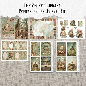 May include: A printable junk journal kit titled "The Secret Library" featuring vintage-style illustrations. The kit includes various images of books, flowers, birds, and library scenes in soft, muted colors. The overall aesthetic is romantic and antique.