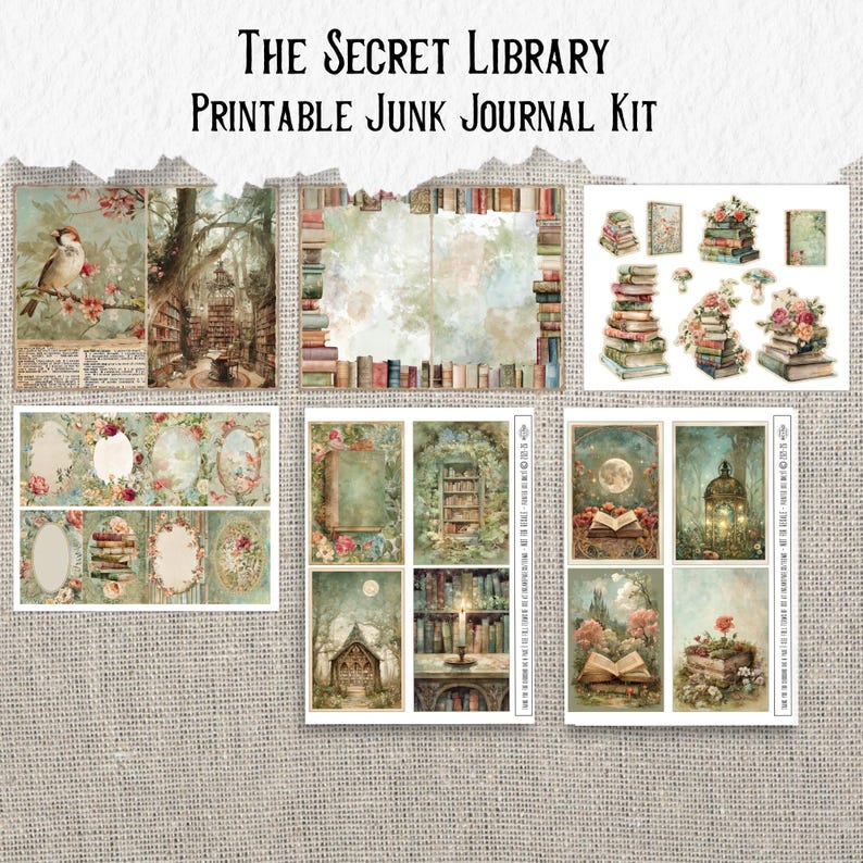 May include: A printable junk journal kit titled "The Secret Library" featuring vintage-style illustrations. The kit includes various images of books, flowers, birds, and library scenes in soft, muted colors. The overall aesthetic is romantic and antique.