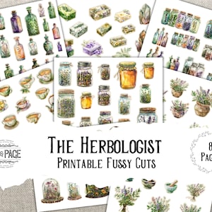 Herbolog Fussy Cuts Wydrukowane butelki apteczne Mikstury Cyfrowe pobieranie Kryształy Dziennik śmieci Ephemera Wiktoriański Zielony dziennik czarownicy