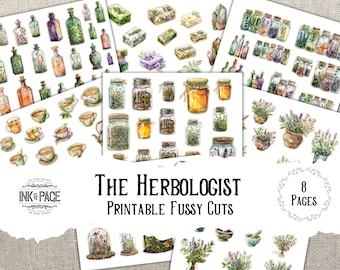 The Herbologist Fussy Cuts Printable Apothecary Bottles Potions Digital Download Crystals Junk Journal Ephemera Victorian Green Witch Diary