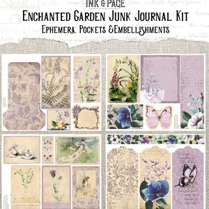 May include: A digital scrapbooking kit featuring a whimsical garden theme. The kit includes a variety of images, such as fairies, butterflies, flowers, and leaves. The images are in a vintage style and are ideal for creating unique and personalised scrapbook pages.