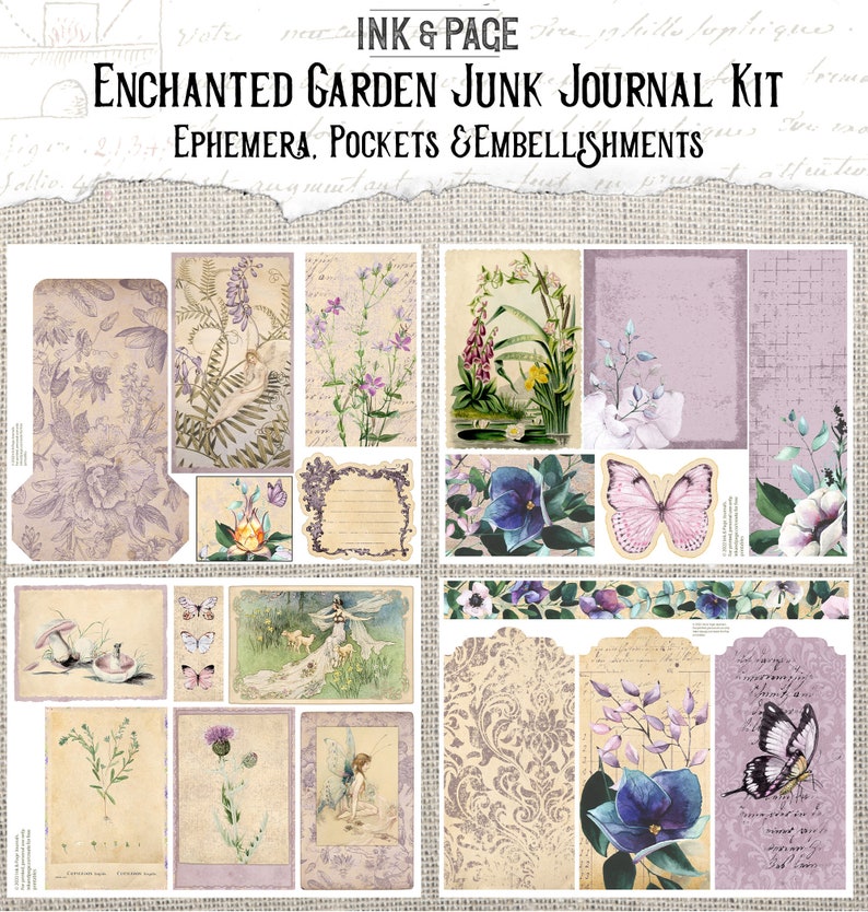 May include: A digital scrapbooking kit featuring a whimsical garden theme. The kit includes a variety of images, such as fairies, butterflies, flowers, and leaves. The images are in a vintage style and are ideal for creating unique and personalised scrapbook pages.