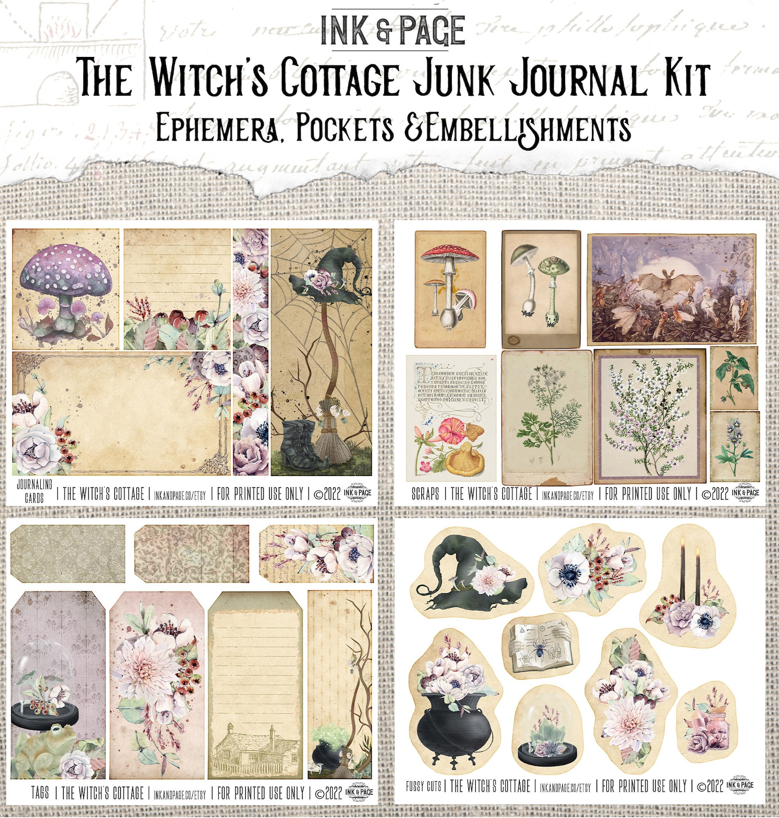 The Witch's Cottage Junk Journal Printable Kit, Halloween Paper ...