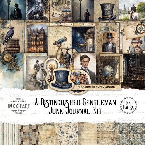 Gentleman Junk Journal Steampunk druckbare Scrapbook maskulin Vintage Grunge viktorianischen Männer Papiere Industrie Eisenbahn Zug Papier Digital