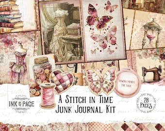 May include: A junk journal kit with 28 pages featuring a vintage sewing theme. The kit includes images of butterflies, sewing machines, buttons, and fabric scraps in shades of pink, red, and brown. The title "A Stitch in Time" is displayed on the front of the kit.