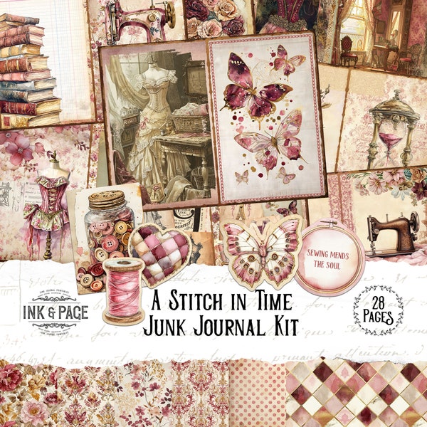 Stitch in Time Junk Journal Printable Kit Vintage Sewing Digital Download Shabby Chic Scrapbook Quilting Paper Seamstress Buttons Rose Bujo