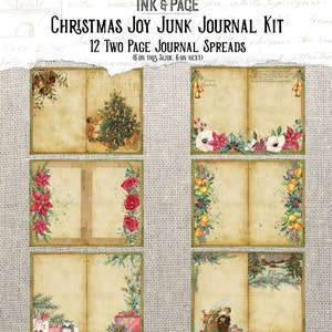 K&ouml;nnte beinhalten: Zw&ouml;lf druckbare Seiten f&uuml;r ein Weihnachts-Junk-Journal. Jede Seite zeigt ein Design im Vintage-Stil mit einem Weihnachtsbaum, Glocken, Weihnachtssternen, Zitronen und einer Winterszene. Die Seiten sind bereit zum Ausdrucken und f&uuml;r das Journaling, Scrapbooking oder andere kreative Projekte.