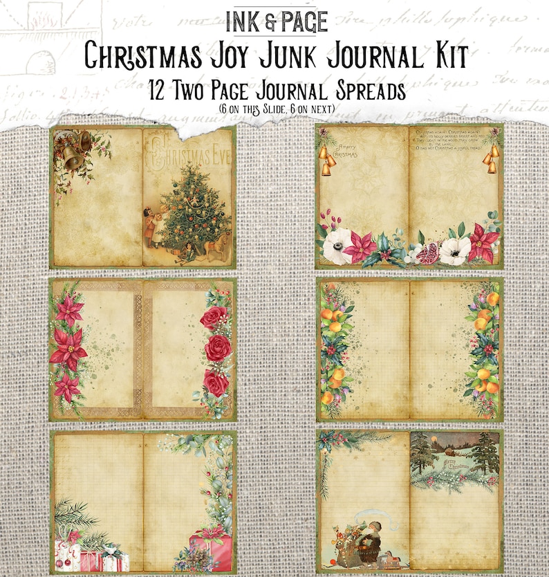 K&ouml;nnte beinhalten: Zw&ouml;lf druckbare Seiten f&uuml;r ein Weihnachts-Junk-Journal. Jede Seite zeigt ein Design im Vintage-Stil mit einem Weihnachtsbaum, Glocken, Weihnachtssternen, Zitronen und einer Winterszene. Die Seiten sind bereit zum Ausdrucken und f&uuml;r das Journaling, Scrapbooking oder andere kreative Projekte.