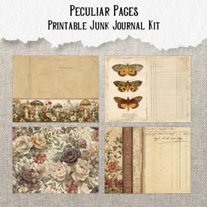 Op de afbeelding: Een printbare junk journal kit genaamd Peculiar Pages met vier verschillende vellen met vintage-stijl ontwerpen, waaronder illustraties van paddenstoelen, vlinders, bloemenpatronen en verouderde papiertexturen met handschrift en lijnen.
