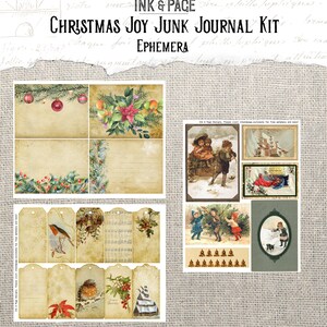 K&ouml;nnte beinhalten: Ein digitaler druckbarer Junk-Journal-Kit mit einem Weihnachtsmotiv. Das Kit enth&auml;lt Bilder von Stechpalmen, Rotkehlchen, Glocken und einer Winterszene. Das Kit enth&auml;lt auch eine Titelkarte mit der Aufschrift "Christmas Joy Junk Journal Kit Ephemera".