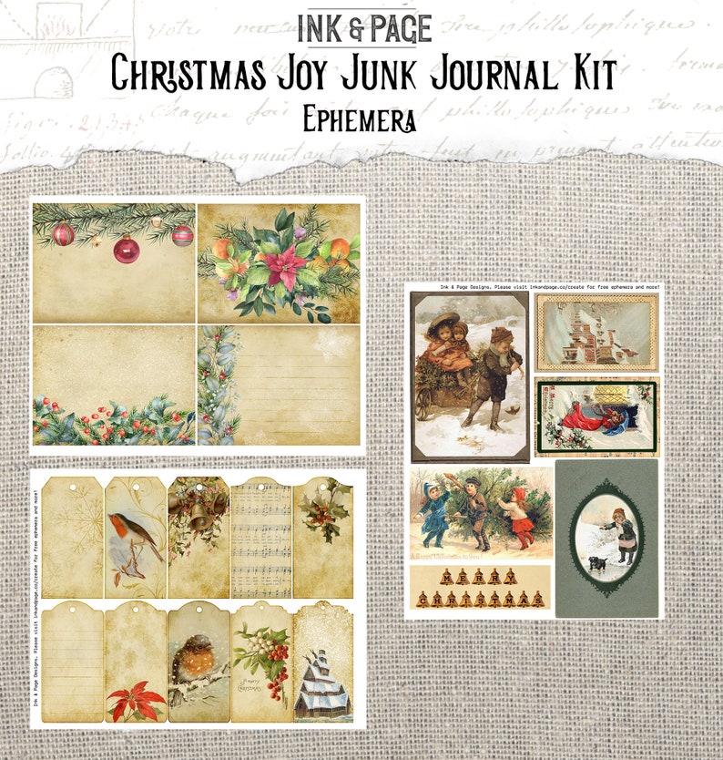K&ouml;nnte beinhalten: Ein digitaler druckbarer Junk-Journal-Kit mit einem Weihnachtsmotiv. Das Kit enth&auml;lt Bilder von Stechpalmen, Rotkehlchen, Glocken und einer Winterszene. Das Kit enth&auml;lt auch eine Titelkarte mit der Aufschrift "Christmas Joy Junk Journal Kit Ephemera".