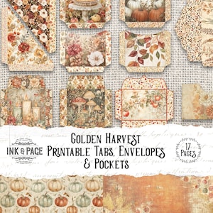Golden Harvest Printable Ephemera Digital Junk Journal Autumn Pockets Printable Envelopes Cozy Fall Paper Crafting Kit Thanksgiving Pumpkins