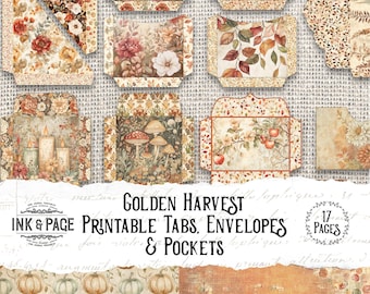 Golden Harvest Printable Ephemera Digital Junk Journal Autumn Pockets Printable Envelopes Cozy Fall Paper Crafting Kit Thanksgiving Pumpkins
