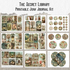 May include: A printable junk journal kit titled "The Secret Library." The kit includes various images with a vintage aesthetic, featuring illustrations of books, lanterns, floral elements, and forest scenes. The color palette is soft, with muted greens, browns, and pinks.