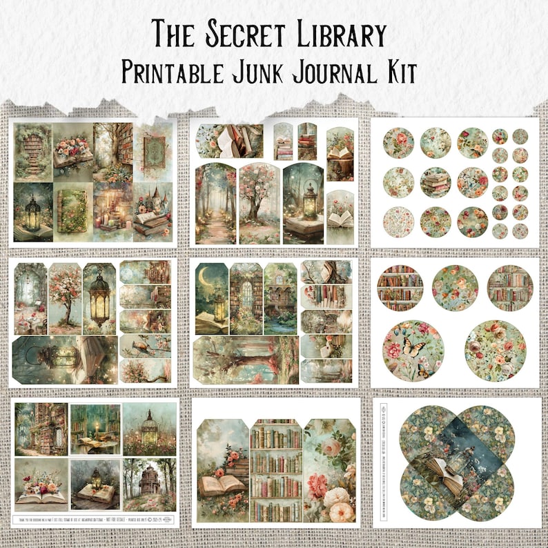 May include: A printable junk journal kit titled "The Secret Library." The kit includes various images with a vintage aesthetic, featuring illustrations of books, lanterns, floral elements, and forest scenes. The color palette is soft, with muted greens, browns, and pinks.