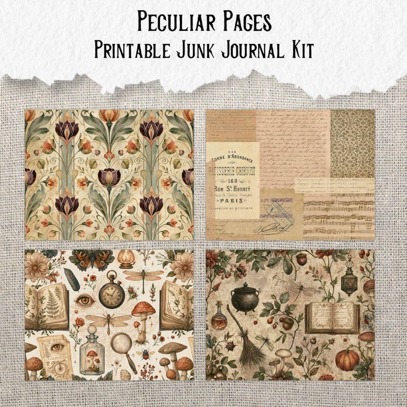 Op de afbeelding: Een printbare junk journal kit genaamd Peculiar Pages met vier verschillende vellen. De ontwerpen bevatten een tulp-bloemenpatroon, vintage Frans handschrift met muzieknoten, botanische illustraties met paddenstoelen en een donker bos met een ketel.