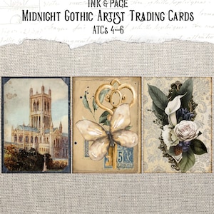 May include: Three vintage-style trading cards with gothic themes. The first card features a black and white illustration of a gothic cathedral. The second card features a gold key with a butterfly on top. The third card features a white flower with a gold frame.