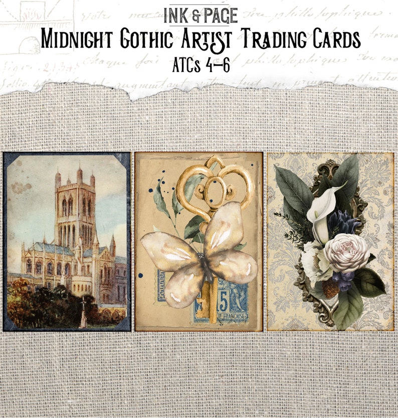 May include: Three vintage-style trading cards with gothic themes. The first card features a black and white illustration of a gothic cathedral. The second card features a gold key with a butterfly on top. The third card features a white flower with a gold frame.