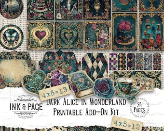 Dark Alice in Wonderland Printable Ephemera Gothic Fairytale Elements Junk Journal Add-On Kit Lined Pages Fantasy Digital Paper Scrapbook