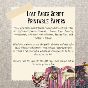 May include: Printable papers featuring diary entries from famous historical figures like Samuel Pepys, Dorothy Wordsworth, John Muir, Walt Whitman, George Eliot, and Madam D'Arblay. The papers are inspired by the Lost Pages Tab Journal.
