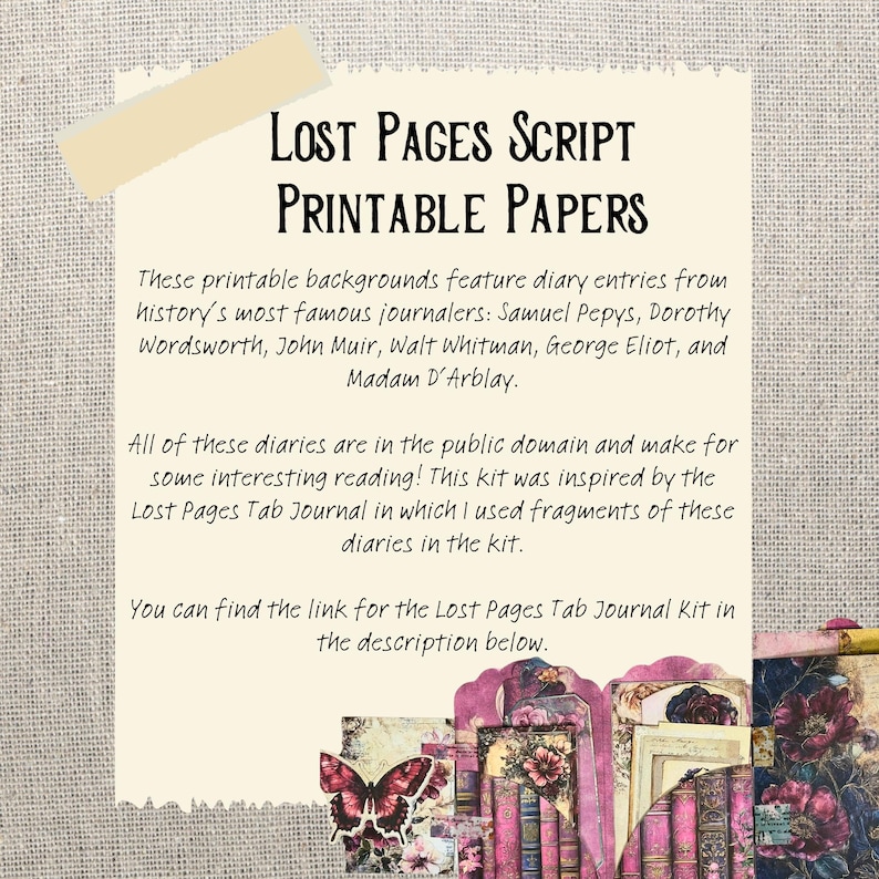 May include: Printable papers featuring diary entries from famous historical figures like Samuel Pepys, Dorothy Wordsworth, John Muir, Walt Whitman, George Eliot, and Madam D'Arblay. The papers are inspired by the Lost Pages Tab Journal.
