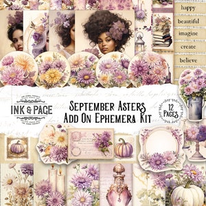Septembre Printable Junk Journal Add On Kit Ephemera Digital Download Aster Flower Fall Pockets Autumn Digital Download Birthday Shabby Chic