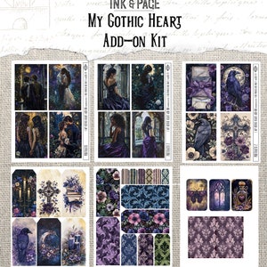 Puede incluir: Una hoja de collage digital con tem&aacute;tica g&oacute;tica. La hoja incluye im&aacute;genes de parejas, cuervos, velas, cruces, flores y otros elementos g&oacute;ticos. La hoja se titula "My Gothic Heart Add-On Kit".