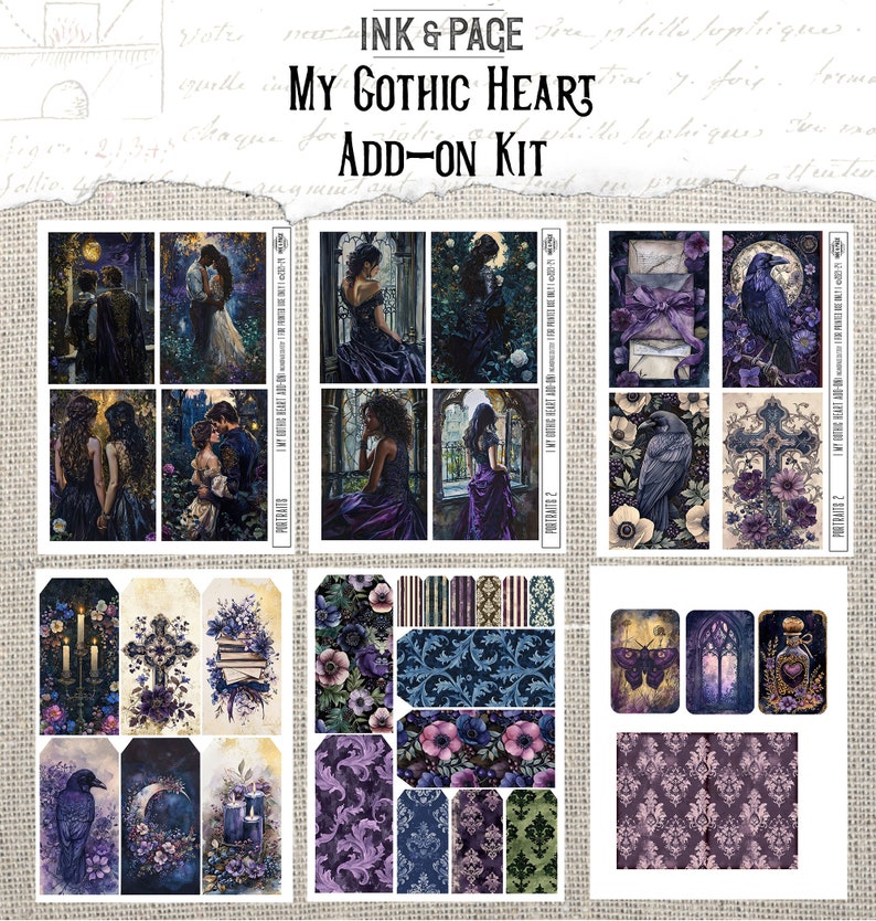 Puede incluir: Una hoja de collage digital con tem&aacute;tica g&oacute;tica. La hoja incluye im&aacute;genes de parejas, cuervos, velas, cruces, flores y otros elementos g&oacute;ticos. La hoja se titula "My Gothic Heart Add-On Kit".